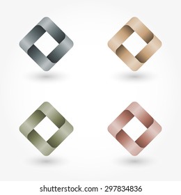Icon set abstract business logo. Corporate, media, technology, style templates vector logo design. Volume rounded square ribbons beige, dark brown, gray metallic and green colors of the marsh.