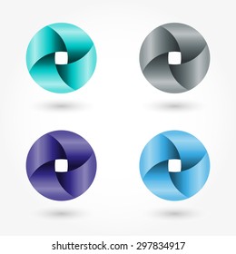 Icon set abstract business logo. Corporate, media, technology, style templates vector logo design. Volume round ribbons of blue, dark blue and gray metallic color.