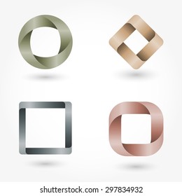 Icon set abstract business logo. Corporate, media, technology, style templates vector logo design. Volume shapes ribbons beige, dark brown, gray metallic and green marsh color.