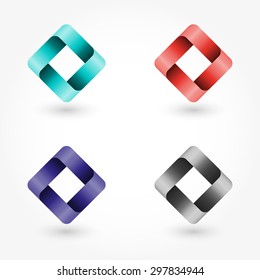 Icon set abstract business logo. Corporate, media, technology, style templates vector logo design. Volume square ribbons of red, dark blue, blue and black.