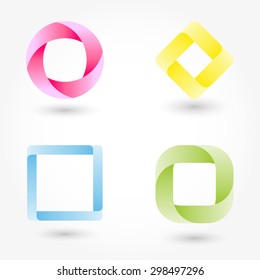 Icon set abstract business logo. Corporate, media, technology, style templates vector logo design. Volume shapes blue, yellow, pink, green ribbons.