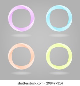 Icon set abstract business logo. Corporate, media, technology, style templates vector logo design. Volume shapes pale purple, light yellow, pale azure, pale orange thin circles on a gray background.