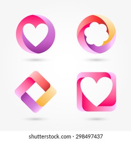 Icon set abstract business logo. Corporate, media, technology, style templates vector logo design. Volume shapes with a gradient of red, pink, orange, heart, square with rounded edges, a circle.