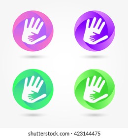 Icon set abstract business logo. Corporate, media, technology, style templates vector logo design. Caring, reliable protection. Volume shapes bright purple, green hand in hand in a circle.