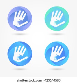 Icon set abstract business logo. Corporate, media, technology, style templates vector logo design. Caring, reliable protection. Volume shapes blue, aquamarine hand in hand in a circle.