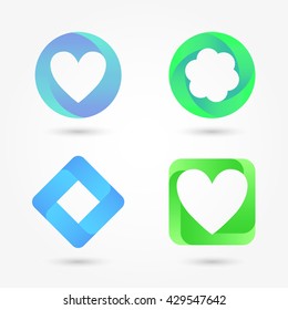 Icon set abstract business logo. Corporate, media, technology, style templates vector logo design. Volume shapes with a gradient of green, blue, aquamarine, heart, square with rounded edges, a circle.