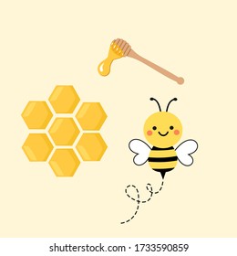 Icon set with abstract honeycomb, wooden dipper and flying bee isolated on white background vector illustration. Cute cartoon character.