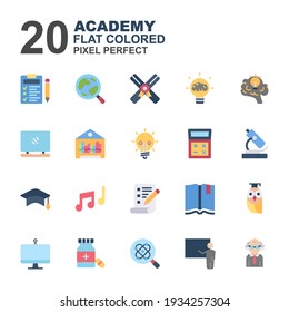 Icon Set of Academy. Flat Color icons vector. Contains such of geography, hat graduation, music, exam, idea, knowledge, microscope, biology, professor, and more. You can use for web, app and more.