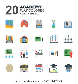 Icon Set of Academy. Flat color style icon vector. Contains such of agriculture, class, university, economy, chemistry, daring, art, bookshelf and more. You can be used for web, mobile, ui and more.