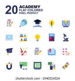 Icon Set of Academy. Flat Color icons vector. Contains such of geography, owl graduation, music, exam, biology, DNA, and more. Can use for web, app and more. Editable stroke and pixel perfect.