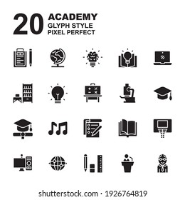 Icon Set of Academy. Glyph black icons vector. Contains such of geography, hat graduation, music, exam, idea, knowledge, microscope, biology, professor, and more. You can use for web, app and more.