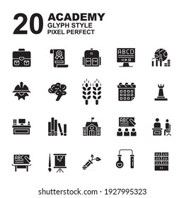 Icon Set of Academy. Glyph black style icon vector. Contains such of agriculture, class, university, chemistry, learning, daring, chalkboard, bookshelf and more.