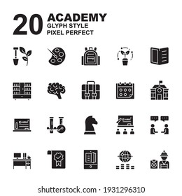 Icon Set of Academy. Glyph black style icon vector. Contains such of agriculture, class, university, economy, chemistry, daring, art, bookshelf and more. You can be used for web, mobile, ui and more.