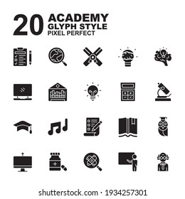 Icon Set of Academy. Glyph black icons vector. Contains such of geography, hat graduation, music, exam, idea, knowledge, microscope, biology, professor, and more. You can use for web, app and more.