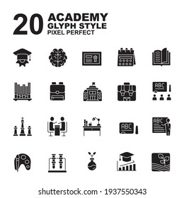 Icon Set of Academy. Glyph black style icon vector. Contains such of agriculture, class, university, economy, chemistry, class, art, bookshelf and more. You can be used for web, mobile, ui and more.