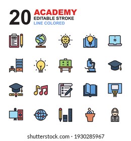 Icon Set of Academy. Line color icons vector. Contains such of geography, hat graduation, music, exam, idea, knowledge, microscope, biology, professor, and more. You can use for web, app and more.