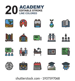 Icon Set of Academy. Line color style icon vector. Contains such of agriculture, class, university, economy, chemistry, daring, art, bookshelf and more. You can be used for web, mobile, ui and more.