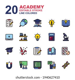 Icon Set of Academy. Line color icons vector. Contains such of geography, owl graduation, music, exam, biology, DNA, and more. Can use for web, app and more. Editable stroke and pixel perfect.