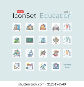 Icon Set of Academy. Line color icons vector. Contains such of geography, hat graduation, music, exam, idea, knowledge, microscope, biology, professor, and more. You can use for web, app and more.