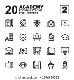 Icon Set of Academy. Outline style icon vector. Contains such of geography, hat graduation, music, exam, idea, knowledge, microscope, biology, professor, and more. Editable Stroke and Pixel perfect.