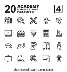 Icon Set of Academy. Outline style icon vector. Contains such of geography, hat graduation, music, exam, idea, knowledge, microscope, biology, professor, and more. Editable Stroke and Pixel perfect.