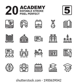 Icon Set of Academy. Outline style icon vector. Contains such of agriculture, class, university, school, chemistry, learning, daring, chalkboard, bookshelf and more. Editable Stroke and Pixel perfect.