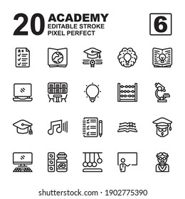 Icon Set of Academy. Outline style icon vector. Contains such of geography, hat graduation, music, exam, idea, knowledge, microscope, biology, professor, and more. Editable Stroke and Pixel perfect.