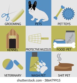Icon set accessories pets. Grooming veterinary. Protective muzzles, shit pet, washing pet, pedigree dog, kennel and scissors, comb and bone, animal dog icon. Vector abstract flat design illustration