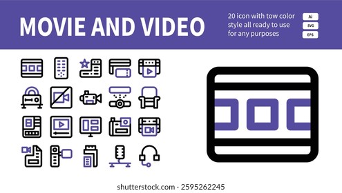 Icon Set of Accounting Two Color Icons. Contains such Icons as Film Strip, Remote, Browser, Credit Card, Movie, DVD, No Picture, Camcorder, Projector etc. 32 x 32 Pixel Perfect