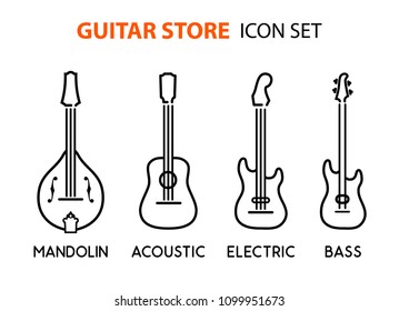 Icon set of acoustic, electric guitars and mandolin in line art style in black color isolated on white. Vector illustration for music shop with captions of icons.