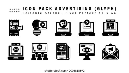 Icon Set of Advertising Glyph Icons. Contains such Icons as Interface, Targeting And Seo, Cinema, News Advertising etc. Editable Stroke. 32 x 32 Pixel Perfect