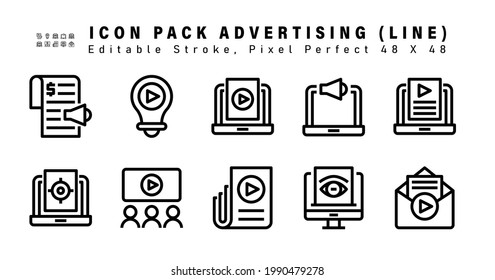 Conjunto de iconos de iconos de línea de vectores de publicidad. Contiene íconos como Interfaz, Apuntar Y Seo, Cine, Publicidad de noticias, etc. Estroque Editable. 48x48 Perfecto para píxeles