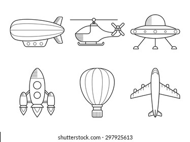 Icon set of aero vehicles. Helicopter plane UFO dirigible aerostat rocket. Line Style