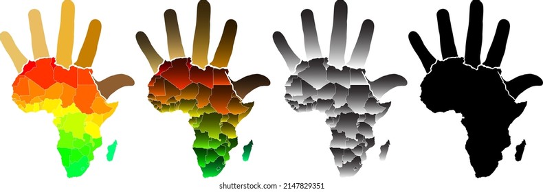 Icon set of African continent with fingers to resemble a hand in glove, isolated against white. Vector illustration.