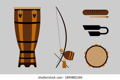 Icon set of afro brazilian musical instruments used in capoeira and samba music. Isolated drum atabaque, berimbau, clapper, tambourine, bell. Ethnic instrument pictures in flat style.