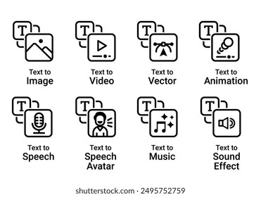 Icon set of AI artificial intelligent generative text to image, vector, speech, video, animation, avatar, sound effect, music, black lines style