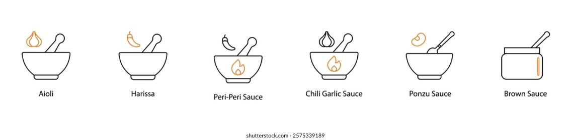 Icon Set: Aioli, Harissa, Peri Peri, Chili Garlic, Ponzu, and Brown Sauces