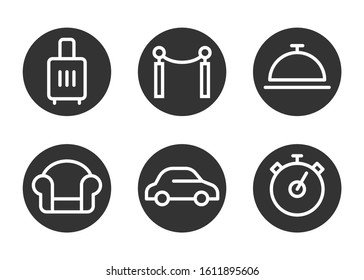 Icon set for airport benefits, fast line, vip terminal, business lounge, transfer to the plane, comfortable trip. Line art. Pixel perfect. Vector design. 