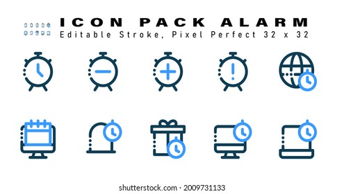 Conjunto de iconos de alarma de dos iconos de color. Contiene iconos como Tiempo Global, Calendario Online, Tiempo de Notificación, Regalo Programado, etc., Apilamiento Editable. 32 x 32 Pixel Perfecto