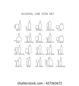 The icon set "Alcoholic beverages". Line images of bottles and glasses for drinks.