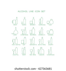 The icon set "Alcoholic beverages". Line images of bottles and glasses for drinks.