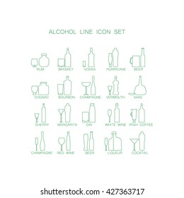 The icon set "Alcoholic beverages". Line images of bottles and glasses for drinks.