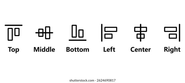 Icon set of Align design editor, icon of Top, Middle, Bottom, Left, Center and right for editing position design. Vector Icons Design Pack in transparent background.