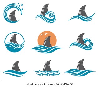 icon set of angry shark fin with sea waves