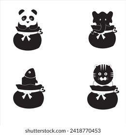 conjunto de iconos de animales con una cesta linda, pegatinas negras, personajes animales. ilustración vectorial