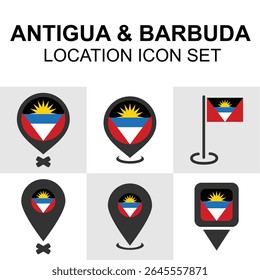 Ícone definido para Antígua e Barbuda com bandeiras e pinos de mapa. Ideal para projetos com temática caribenha e aplicativos de navegação.