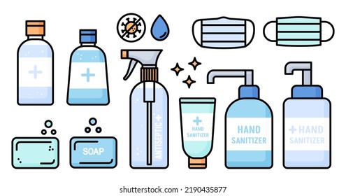 Icon set of antiseptics, hand soap and protective medical face mask. Spray bottles, dispenser, tube, liquid and gel. Protection against germs and viruses. Crossed out virus icon. Vector illustration