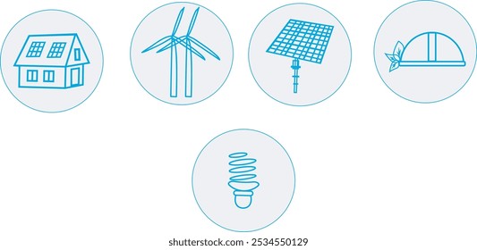 Icon Set for App or Website: Solar-Powered House, Wind Turbines, Solar Panels, Safety Helmet with Leaves. Ideal for apps or websites focused on renewable energy, sustainability, eco-friendly initiativ