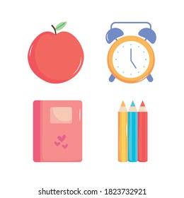 conjunto de iconos de manzana y de vuelta a la escuela sobre fondo blanco, diseño colorido, ilustración vectorial