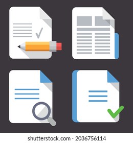 Icon set for application. Media, website, app, internet, Icon collection of documents, newspaper, search, note pad, blank list, page, text, information. Flat element graphic design.